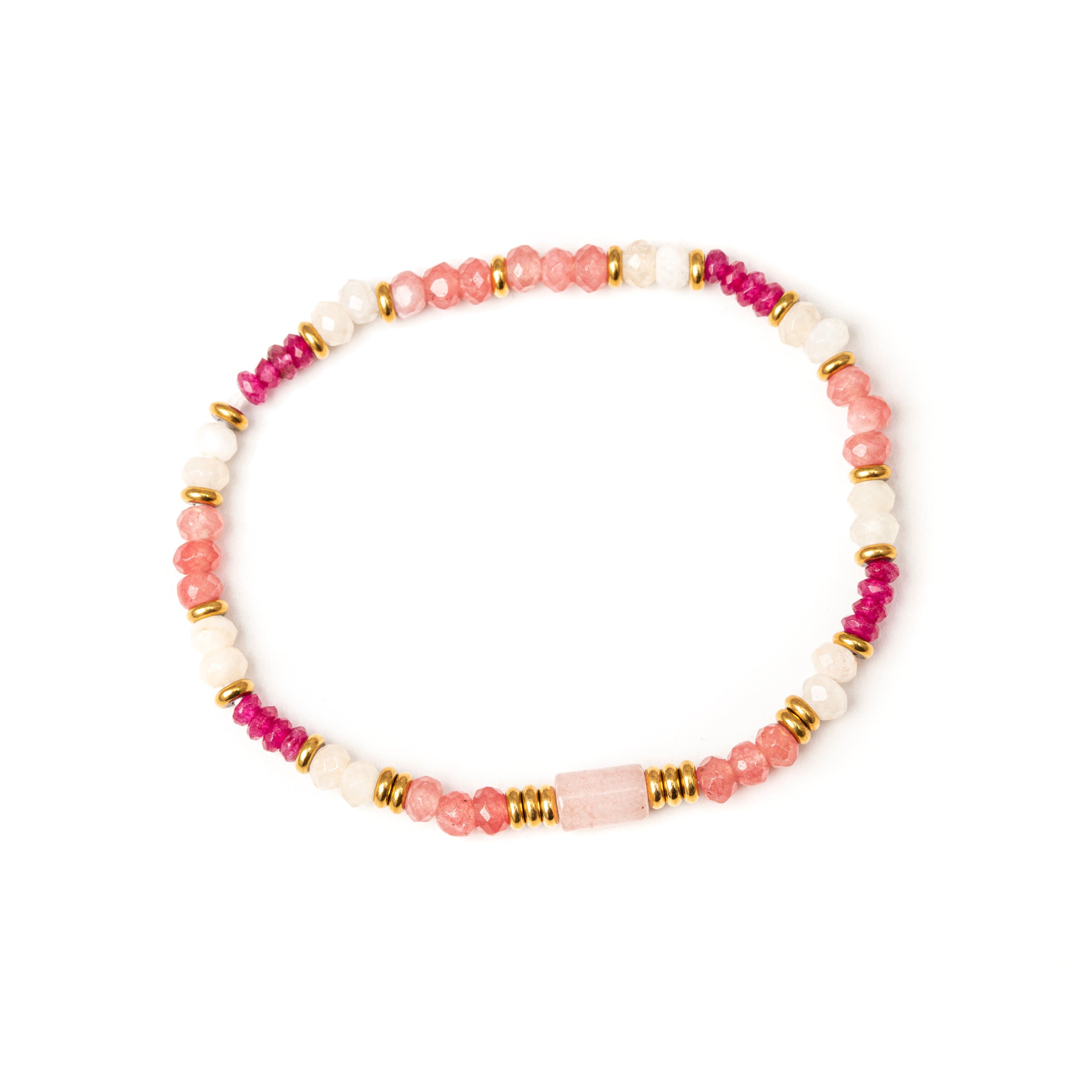 Bracciale elastico, perline, anellini e cilindretto Rio - Rosa - Sodini Bijoux